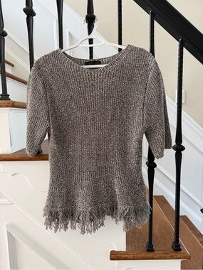 Zara Taupe Fringe-Hem Short Sleeve Crew Sweater